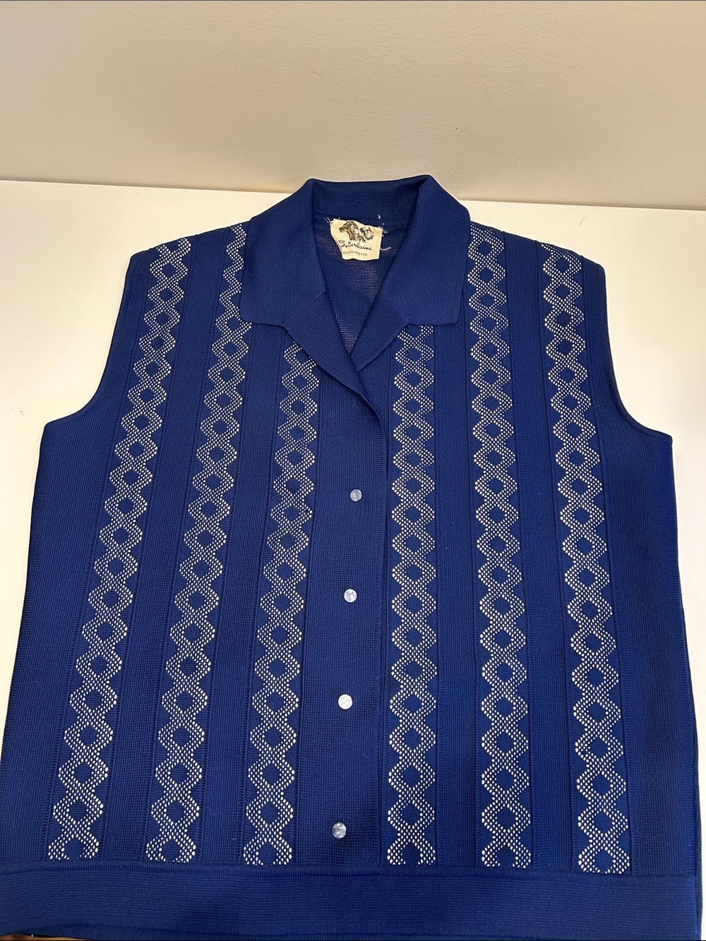 70s Vintage Setterlaine Royal Blue Geometric Knit Cabana Shirt unisex Dutch